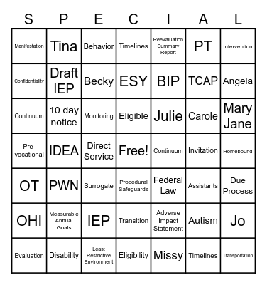 SPED Bingo Card