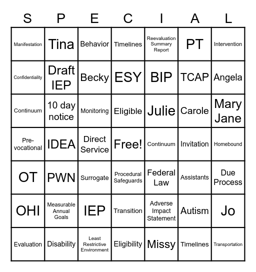 SPED Bingo Card