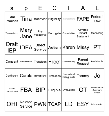 SPED Bingo Card
