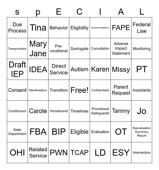 SPED Bingo Card
