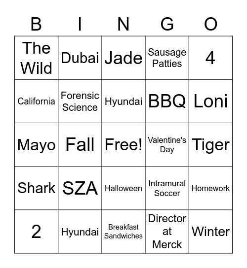 Sabina Bingo Card