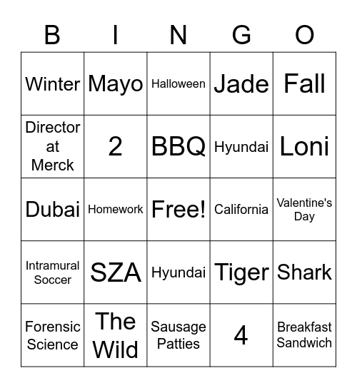 Sabina Bingo Card