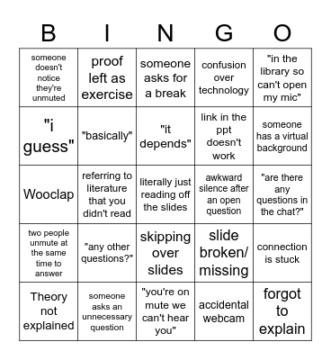 Online Lecture Bingo Card