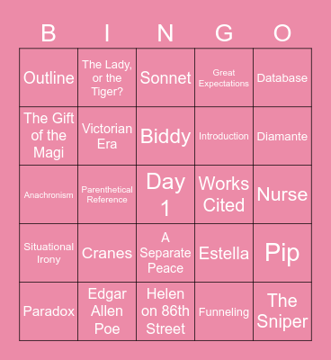 Honors English 1 Bingo Card