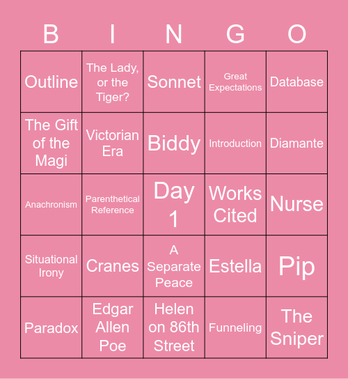 Honors English 1 Bingo Card