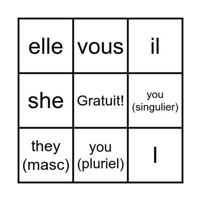 French Subject Pronouns Bingo Card