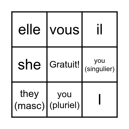 French Subject Pronouns Bingo Card