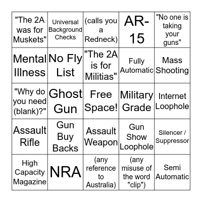 Arguing with a Gun Grabber Bingo Card