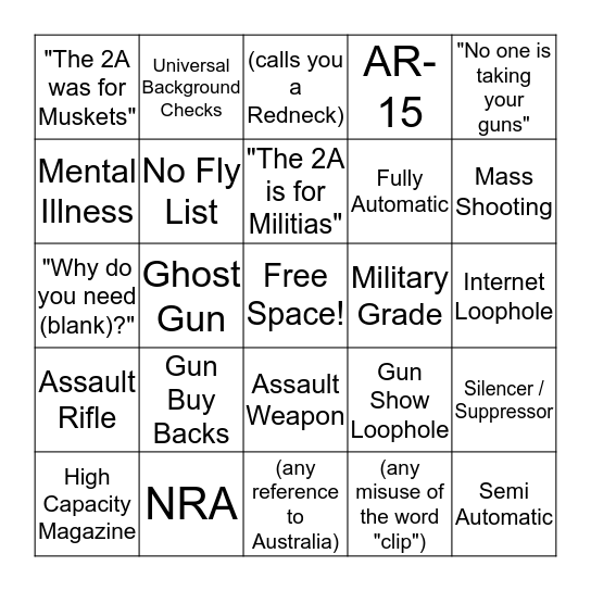 Arguing with a Gun Grabber Bingo Card