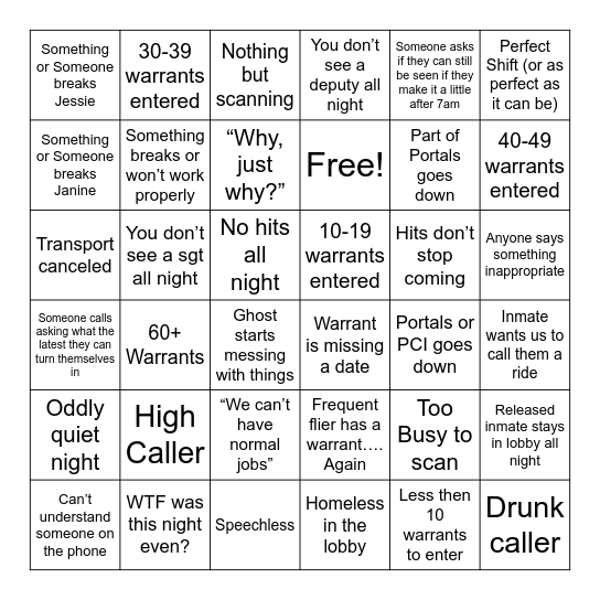 Jail Bingo Card