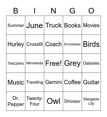 Axle's Birthday Bingo Card