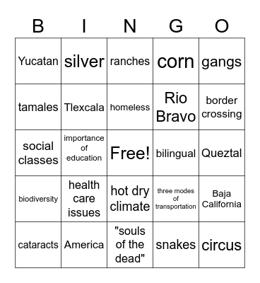 Mexico/"Tracks" Bingo Card