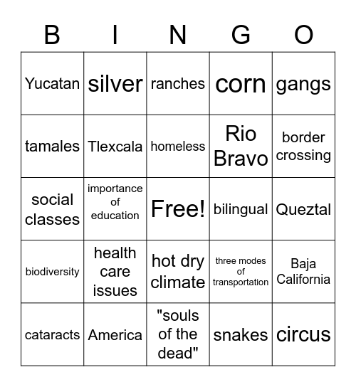 Mexico/"Tracks" Bingo Card