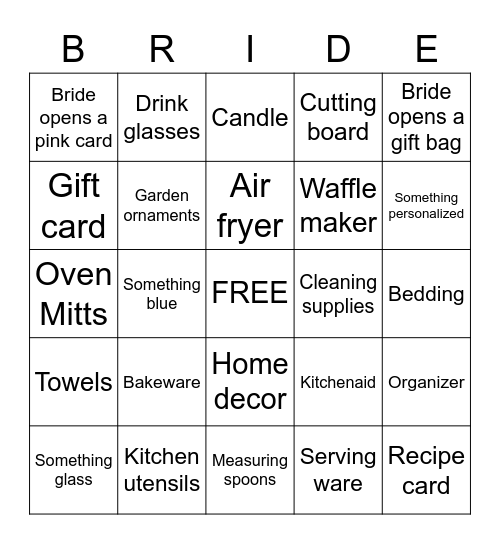 Melissa's Bridal Shower Bingo Card