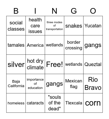 "Tracks"/Mexico Bingo Card