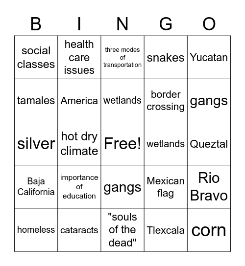 "Tracks"/Mexico Bingo Card