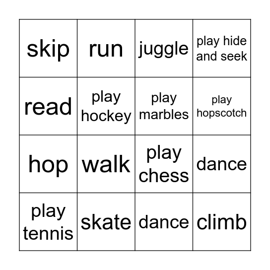 FREE TIME ACTIVITIES BINGO Card