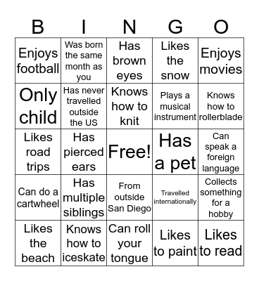 Get to know you BINGO Card