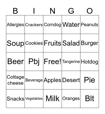 Nutrition Bingo Card