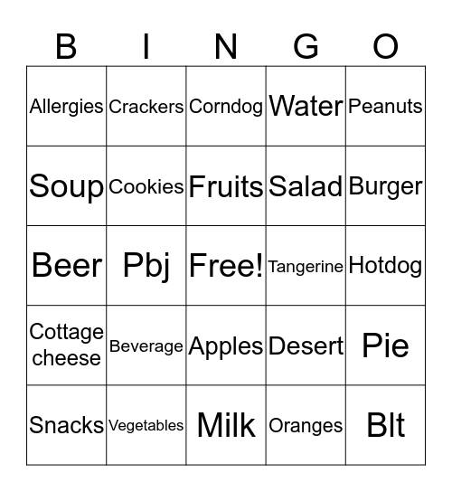 Nutrition Bingo Card