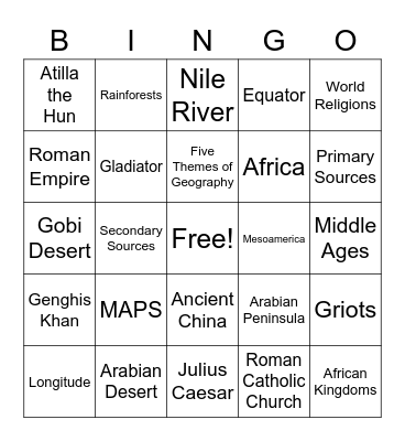 Social Studies Recap: BINGO Card