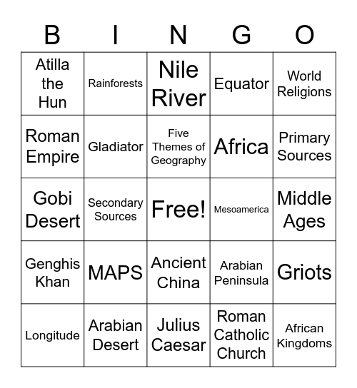 Social Studies Recap: BINGO Card