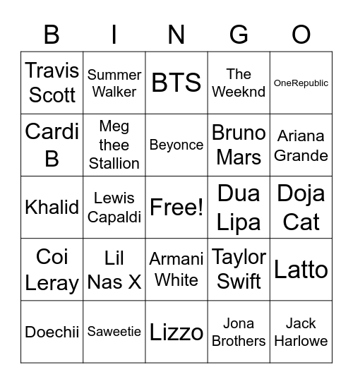 Music Bingo- Top Hits Bingo Card