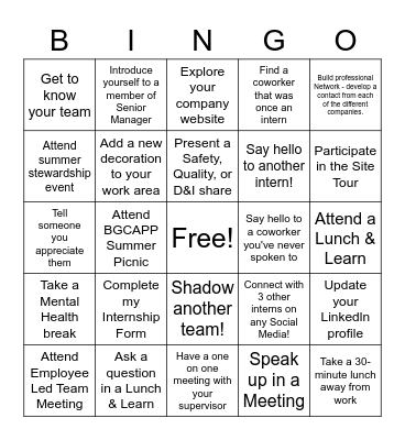 2023 Summer Internship Bingo Card