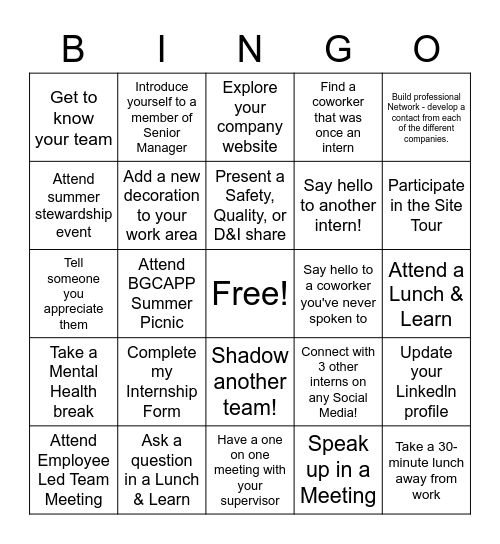 2023 Summer Internship Bingo Card