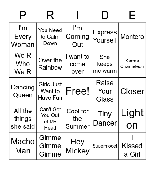 Pride Music Bingo Card