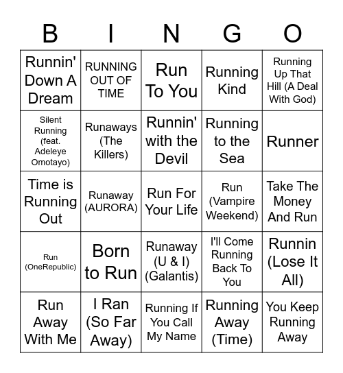 Run From You Bingo Card