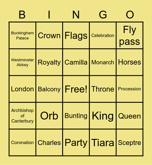 Coronation Bingo Card