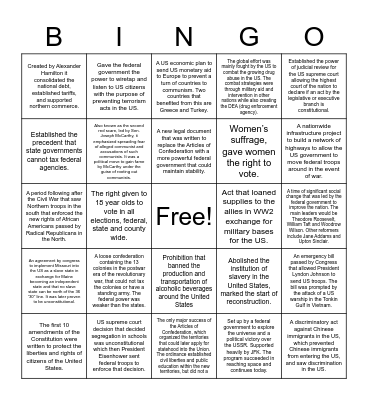 Changes in the roles of the Fed Gov. 1790-2001 Bingo Card