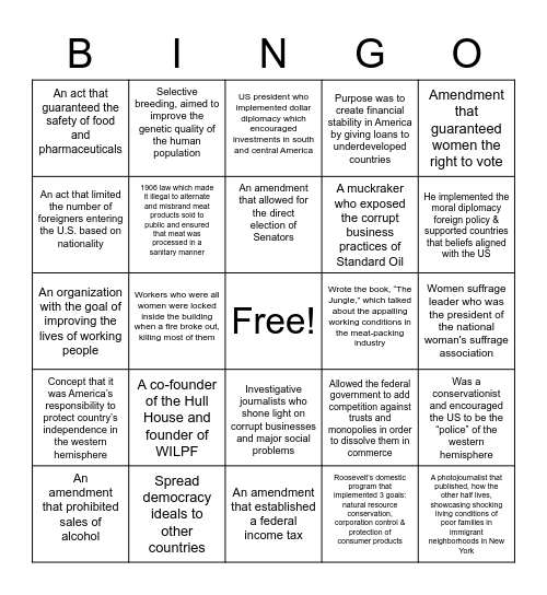 Progressive era: people and reforms Bingo Card