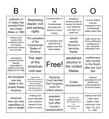 Civil War and Reconstruction: causes and effects Bingo Card