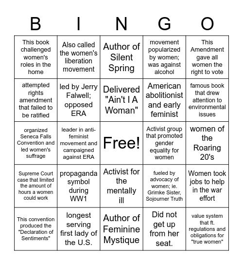 Women Throughout U.S. History Bingo Card