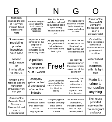 The Gilded Age: Causes and Effects Bingo Card