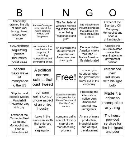 The Gilded Age: Causes and Effects Bingo Card