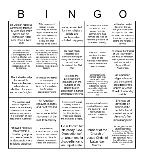 Second Great Awakening Bingo Card