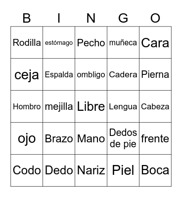 Spanish Body Parts Bingo Card