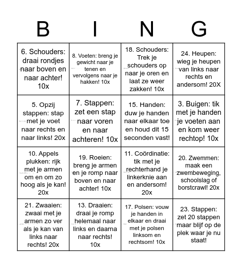 Beweeg bingo! Bingo Card