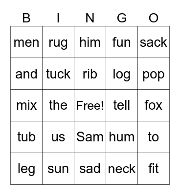 Short Vowel Words Bingo Card