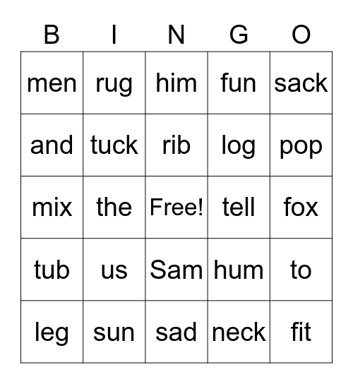 Short Vowel Words Bingo Card