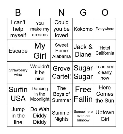 Summer Hits List 1 Grove Bingo Card