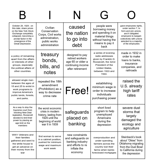 The Great depression and New Deal Bingo Card
