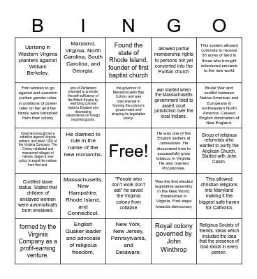 New England, Southern, Middle colonies Bingo Card