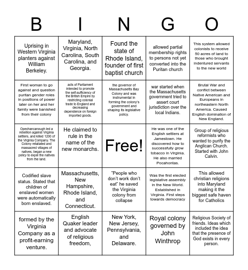 New England, Southern, Middle colonies Bingo Card