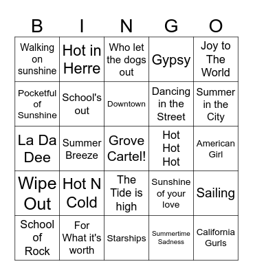 Summer Hits List 2 Grove Bingo Card