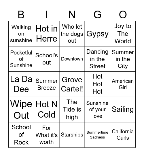 Summer Hits List 2 Grove Bingo Card