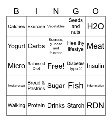 Nutrition Bingo Card